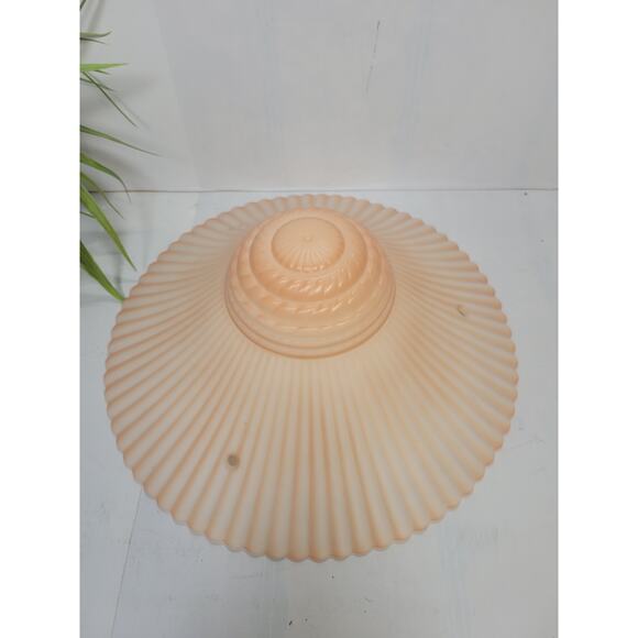 Vintage Ceiling Light Fixture, Pink Salmon Round Scalloped Shell Globe 3 Chain - Picture 2 of 3